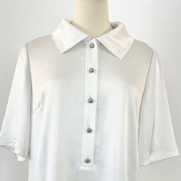 St. John Embellished Buttons Short Sleeve Top Blouse Stretch Satin Ivory Size 12 - Picture 2 of 11